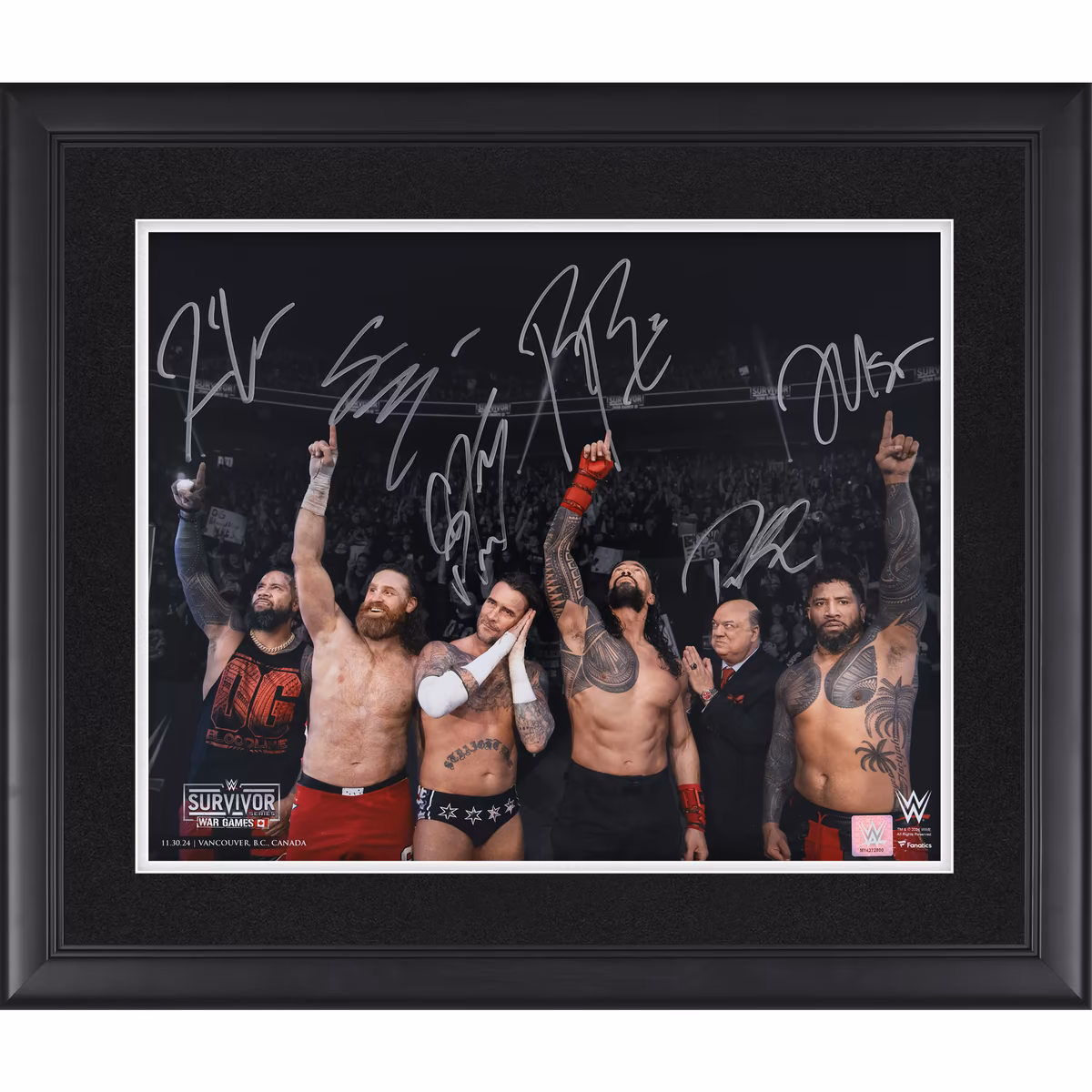Roman Reigns, Jey Uso, Jimmy Uso, Sami Zayn, CM Punk and Paul Heyman WWE Autographed Framed 16" x 20" 2024 Survivor Series WarGames Photograph