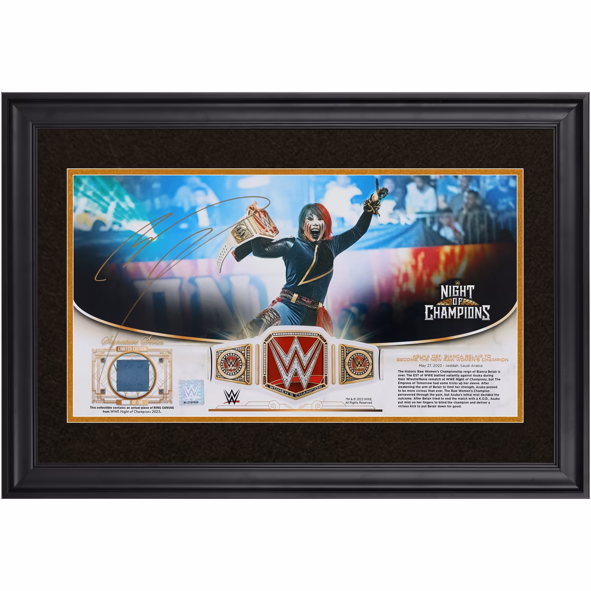 Asuka WWE Autographed Framed 10" x 18" 2023 Crown Jewel Golden Moments Collage with a Piece of Match-Used Canvas - Limited Edition of 99