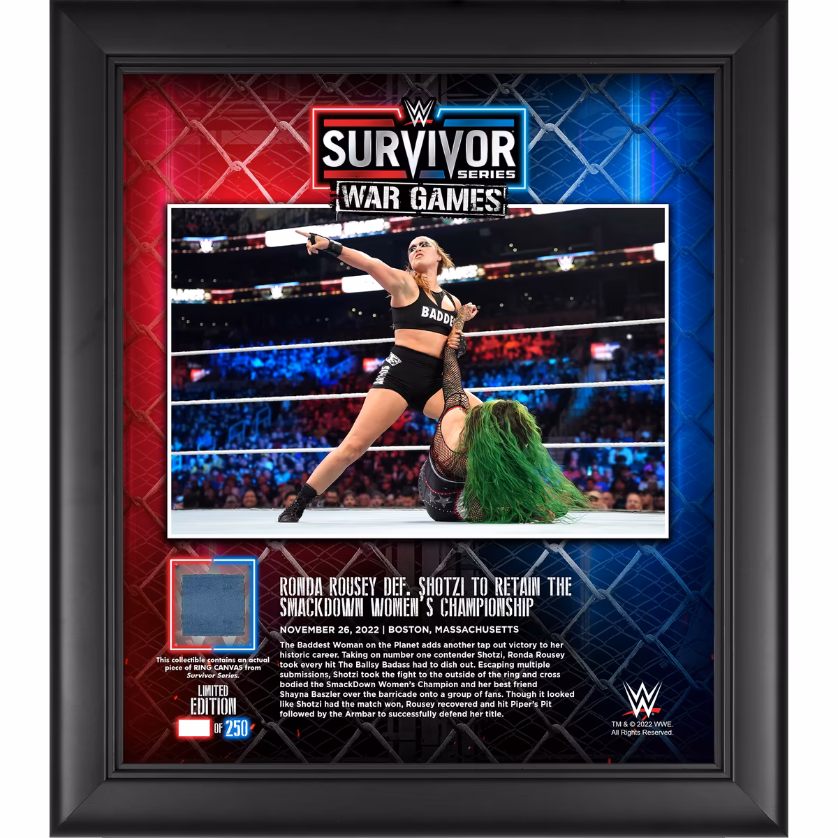 Ronda Rousey Framed 15'' x 17'' 2022 Survivor Series War Games Collage with a Piece of Match-Used Canvas - Limited Edition of 250 3 Ronda Rousey Framed 15'' x 17'' 2022 Survivor Series War Games Collage with a Piece of Match-Used Canvas - Limited Edition of 250