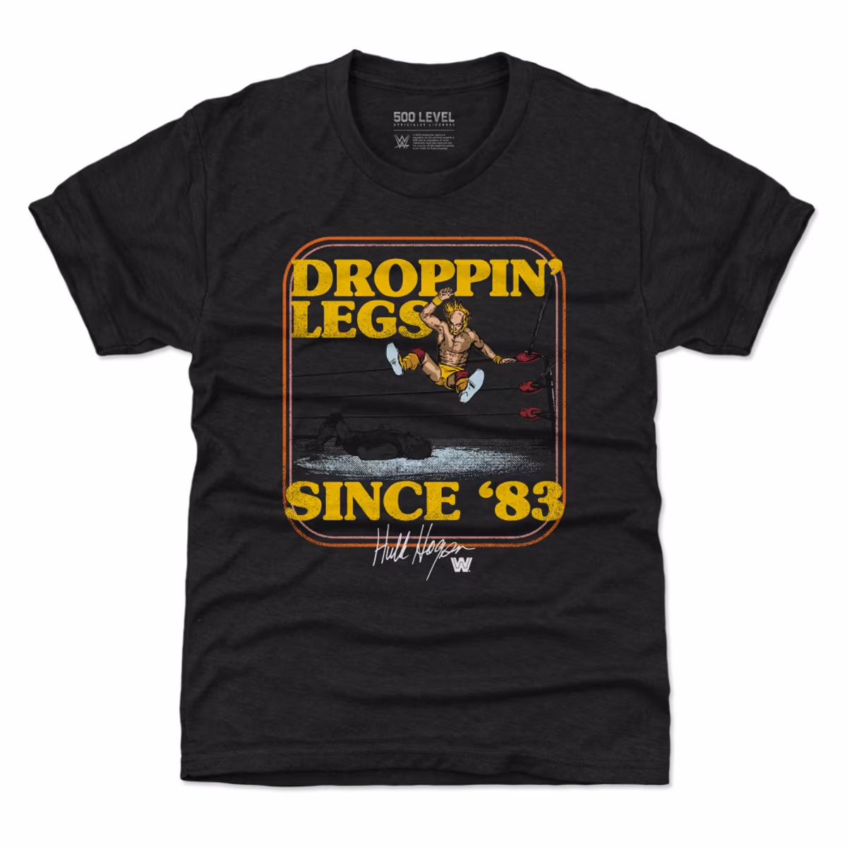 Youth 500 Level Heather Black Hulk Hogan Droppin' Legs Since '83 T-Shirt