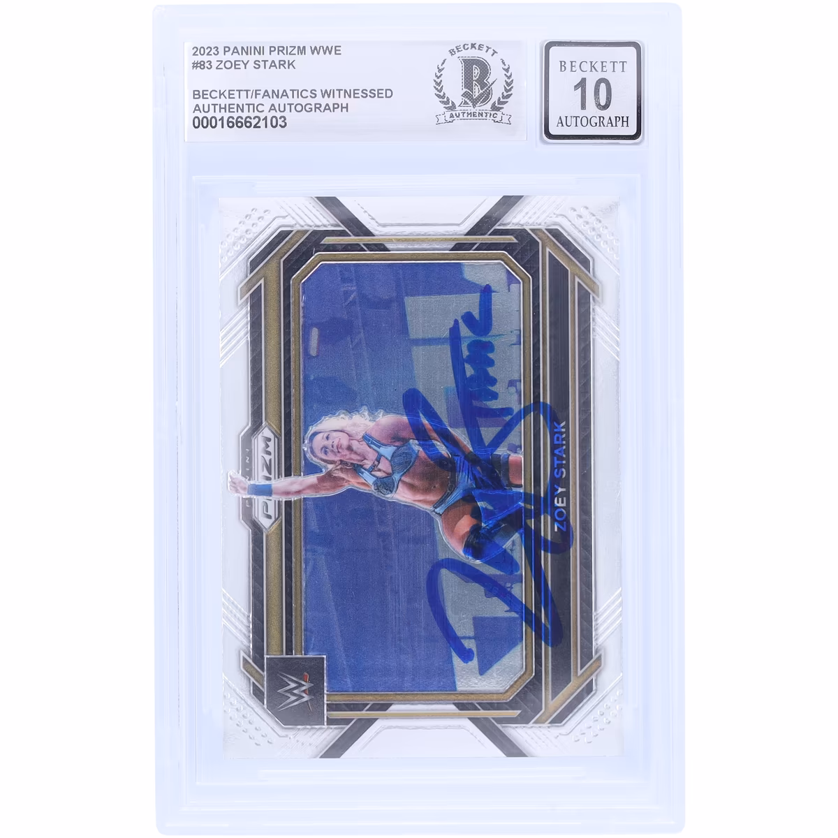 Zoey Stark WWE Autographed 2023 Panini Prizm #83 Beckett Fanatics Witnessed Authenticated 10 Card 2 Zoey Stark WWE Autographed 2023 Panini Prizm #83 Beckett Fanatics Witnessed Authenticated 10 Card