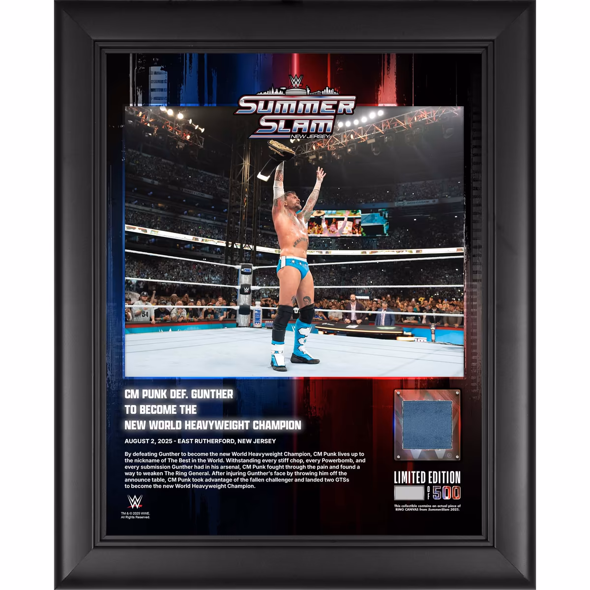 CM Punk WWE Framed 13" x 16" 2025 SummerSlam Night 1 Collage with a Piece of Match-Used Canvas - Limited Edition of 500