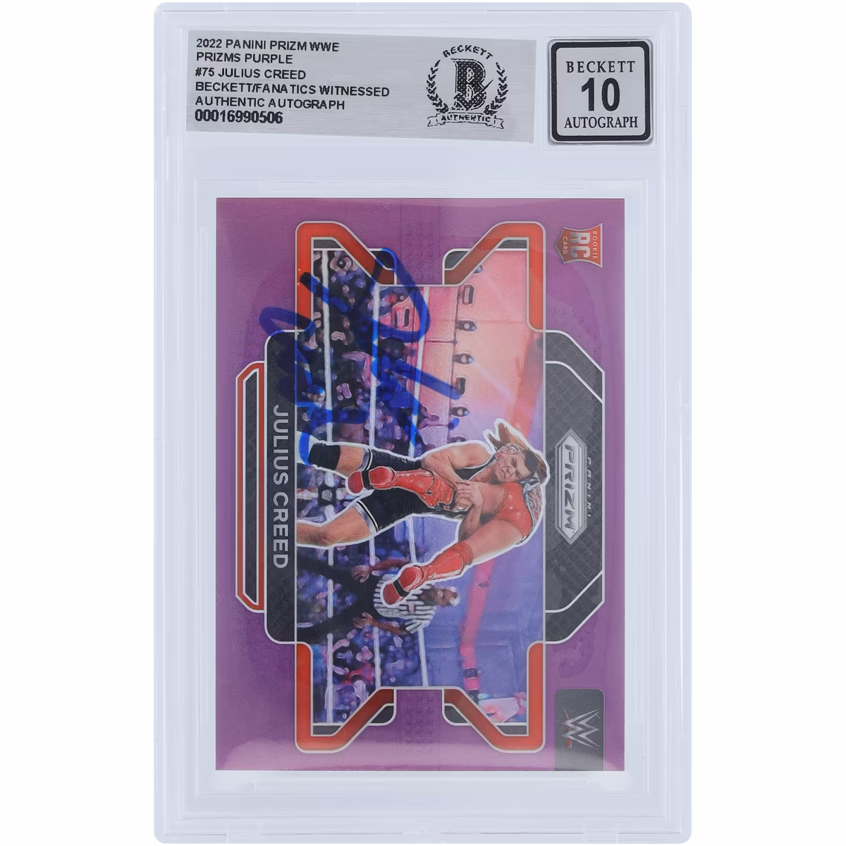 Julius Creed WWE Autographed 2022 Panini Prizm Purple Prizm #75 #/149 Beckett Fanatics Witnessed Authenticated 10 Rookie Card 1 Julius Creed WWE Autographed 2022 Panini Prizm Purple Prizm #75 #/149 Beckett Fanatics Witnessed Authenticated 10 Rookie Card