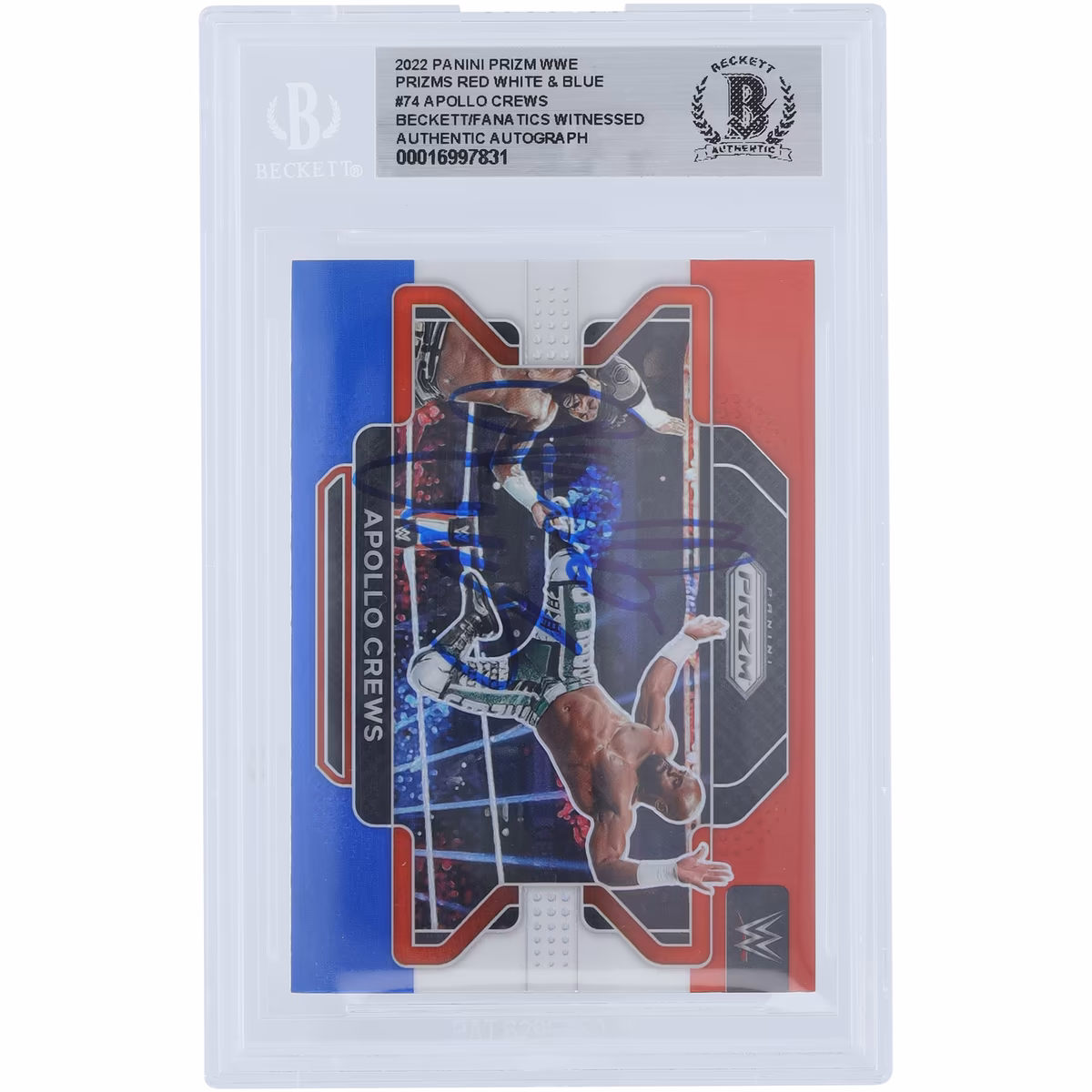 Apollo Crews WWE Autographed 2022 Panini Prizm Red White & Blue Prizm #74 Beckett Fanatics Witnessed Authenticated Card