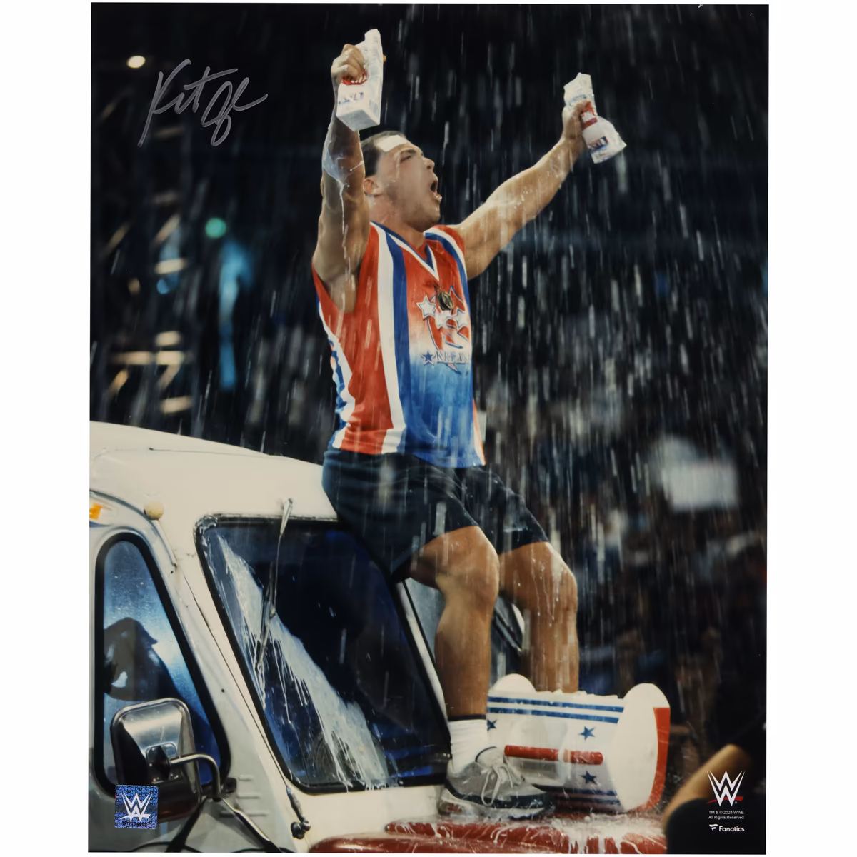 Kurt Angle WWE Autographed 16" x 20" Milk Truck Celebration Photograph