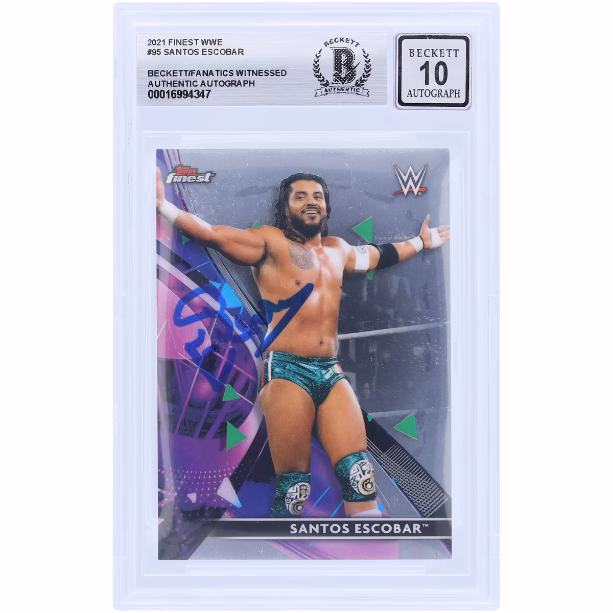Santos Escobar WWE Autographed 2021 Topps Finest #95 Beckett Fanatics Witnessed Authenticated 10 Card