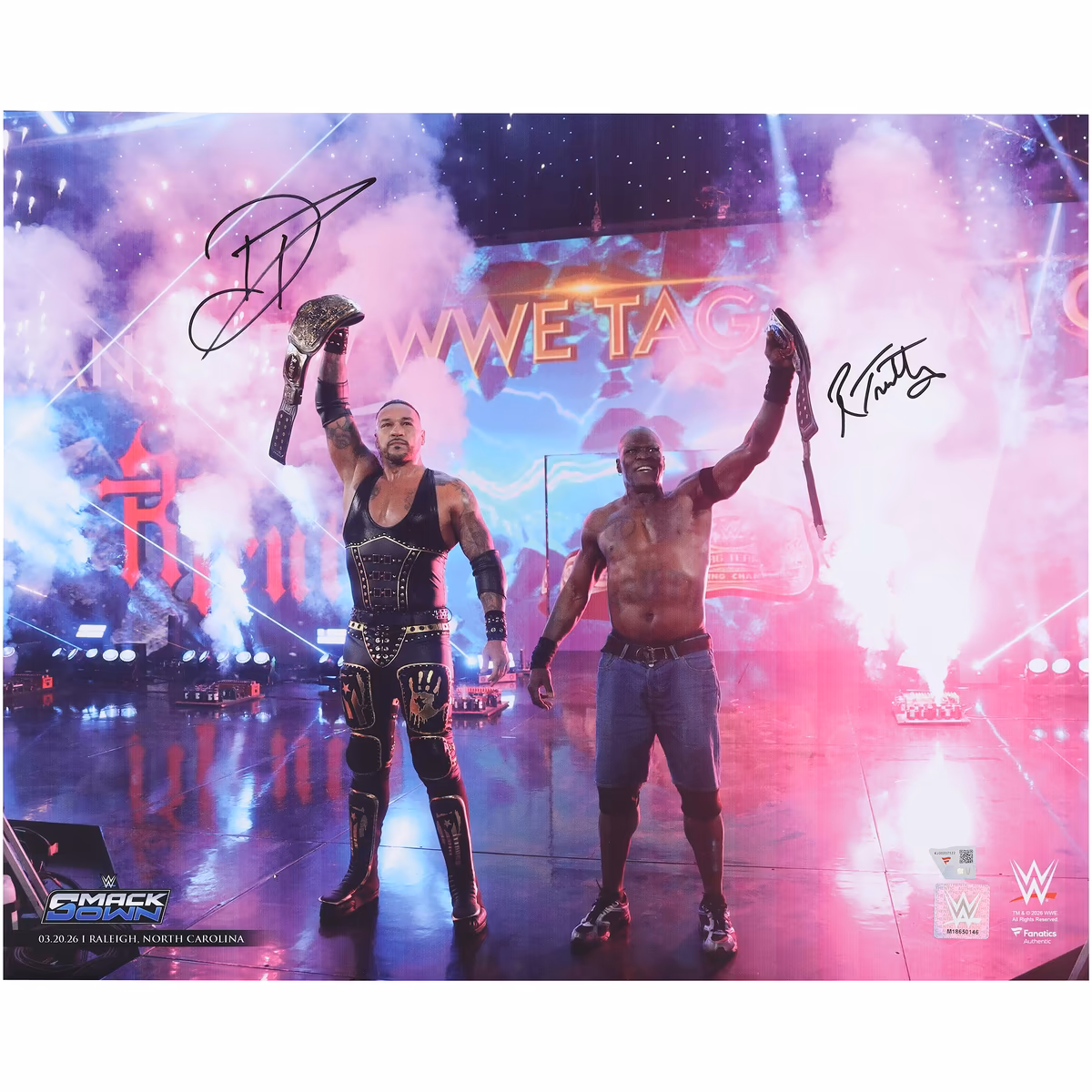 Damian Priest & R-Truth WWE Autographed 16" x 20" Raising Tag Team Titles Photograph 1 Damian Priest & R-Truth WWE Autographed 16" x 20" Raising Tag Team Titles Photograph