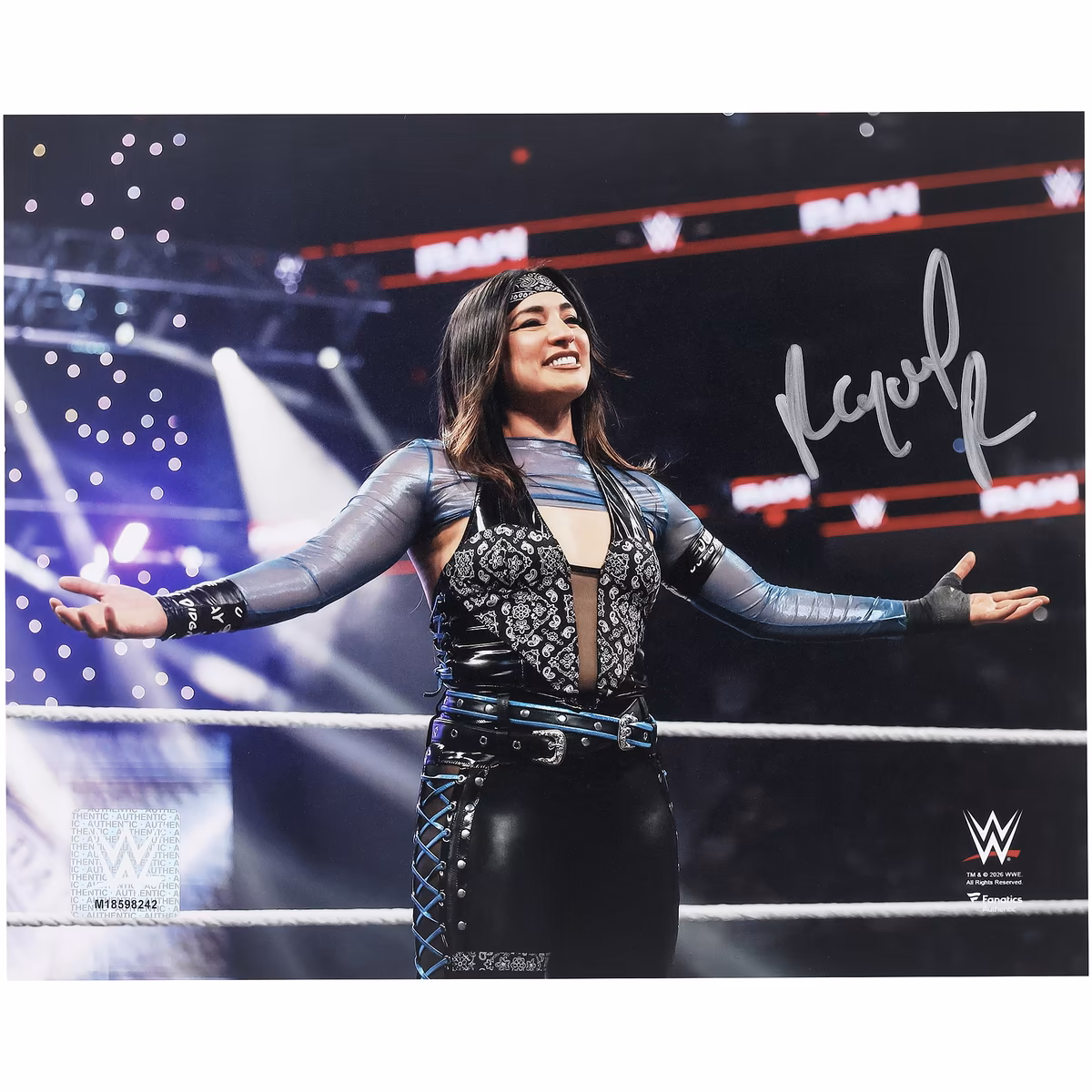 Raquel Rodriguez WWE Autographed 8" x 10" In-Ring Arms Out Photograph 2 Raquel Rodriguez WWE Autographed 8" x 10" In-Ring Arms Out Photograph