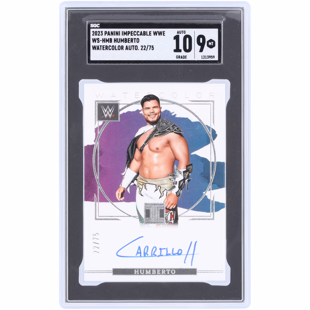 Humberto Carrillo WWE Autographed 2023 Panini Impeccable Watercolor #WS-HMB #22/75 SGC Authenticated 9/10 Card