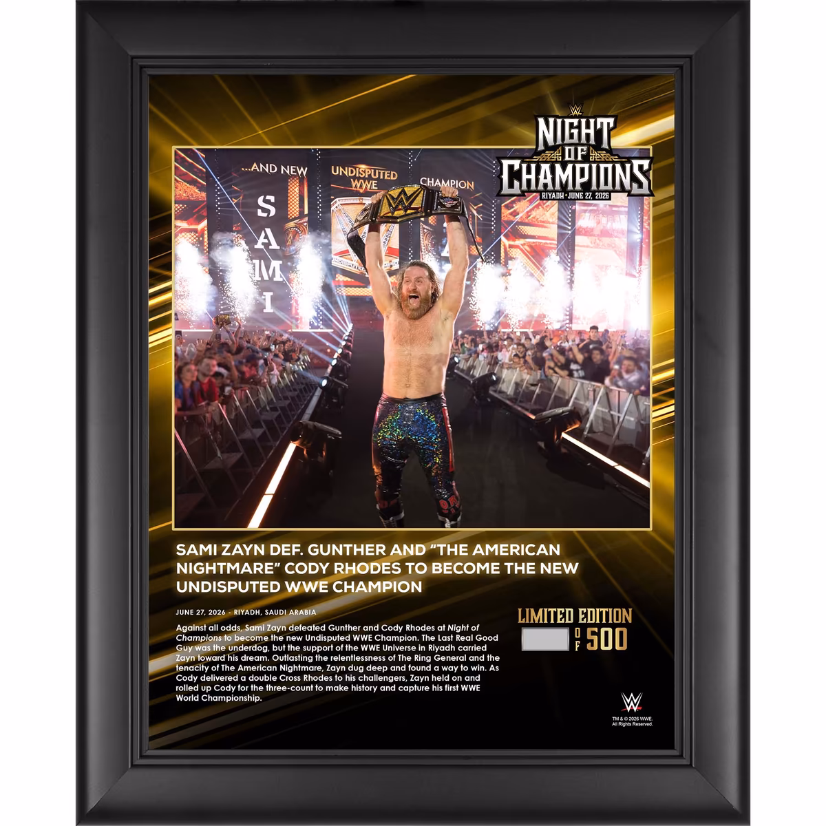 Sami Zayn WWE Framed 13" x 16" Night of Champions 2026 Collage - Limited Edition of 500 1 Sami Zayn WWE Framed 13" x 16" Night of Champions 2026 Collage - Limited Edition of 500