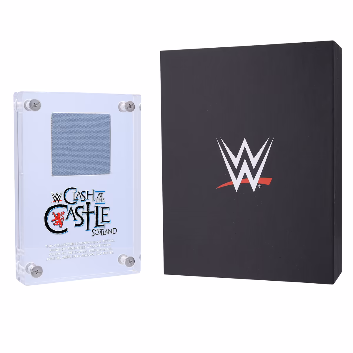 2024 WWE Clash At The Castle Acrylic Display Case with a Piece of Match-Used Canvas 2 2024 WWE Clash At The Castle Acrylic Display Case with a Piece of Match-Used Canvas