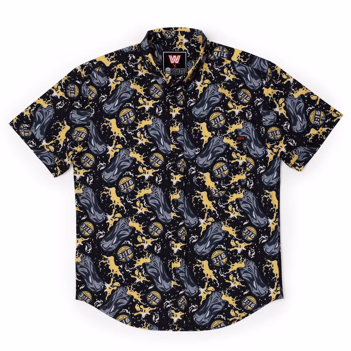 Men's RSVLTS  Black "Stone Cold" Steve Austin Can of Whoopass KUNUFLEX Button-Down Short Sleeve Shirt