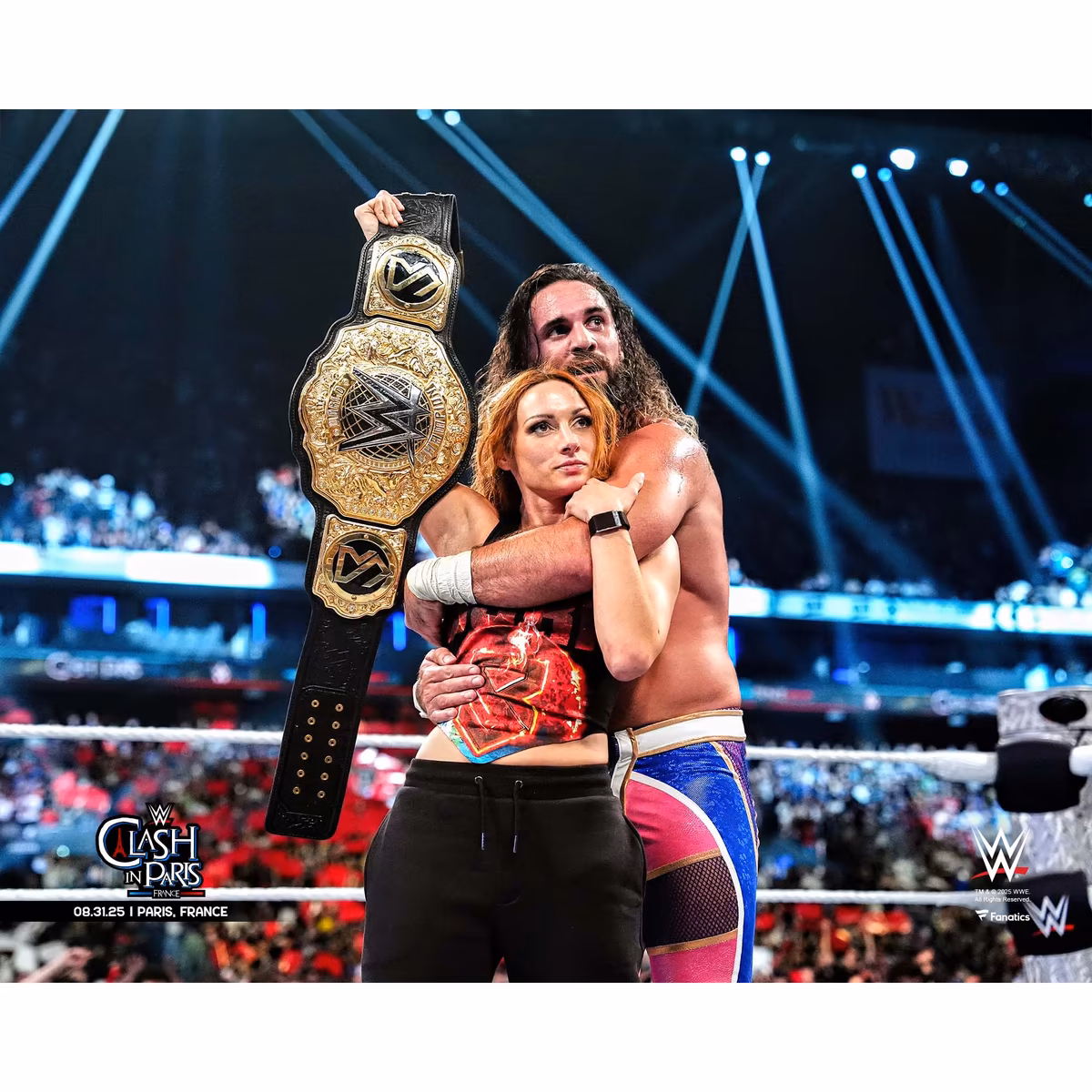 Seth Rollins & Becky Lynch WWE Unsigned Clash In Paris 2025 Raising Title Photograph 3 Seth Rollins & Becky Lynch WWE Unsigned Clash In Paris 2025 Raising Title Photograph