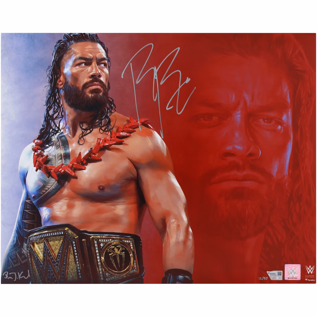 Roman Reigns WWE Autographed 16" x 20" Art Print - Art by Brian Konnick - Limited Edition of 50