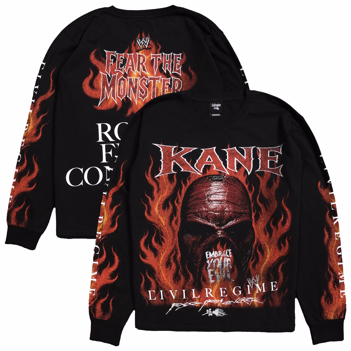 Men's Civil Regime x WWE Black Kane Inferno Monster Midnight Long Sleeve T-Shirt