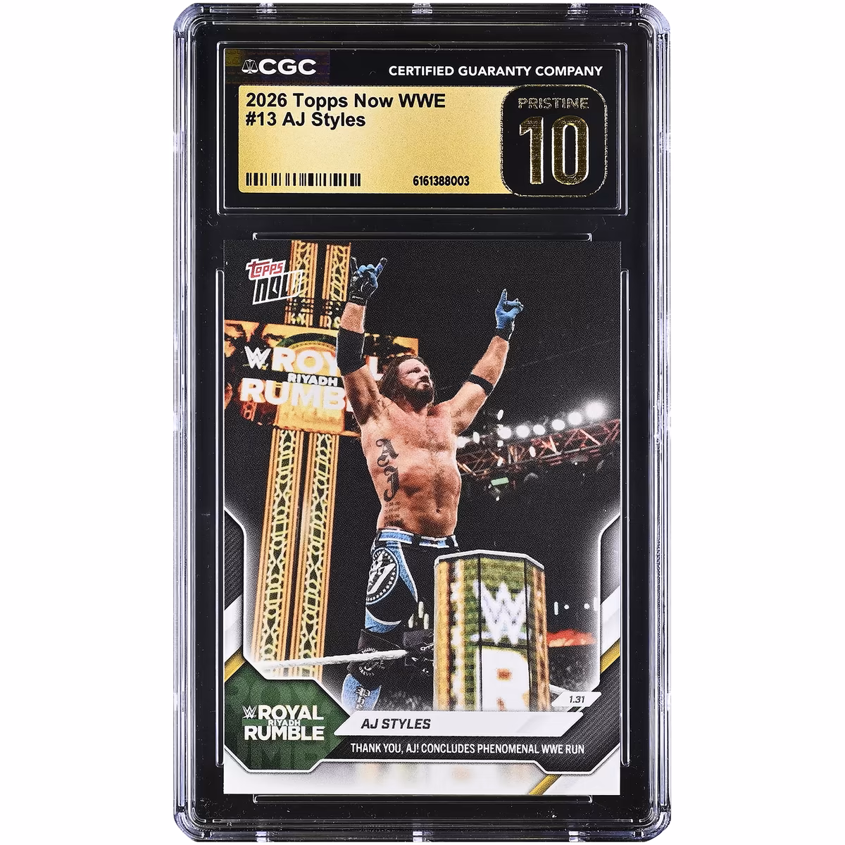 AJ Styles WWE 2026 Topps Now WWE Thank You, AJ! Concludes Phenomenal WWE Run #13 CGC Authenticated PRISTINE 10 Card