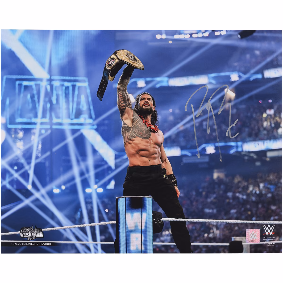 Roman Reigns WWE Autographed WrestleMania 42 Raising Title 16" x 20" Photograph 2 Roman Reigns WWE Autographed WrestleMania 42 Raising Title 16" x 20" Photograph