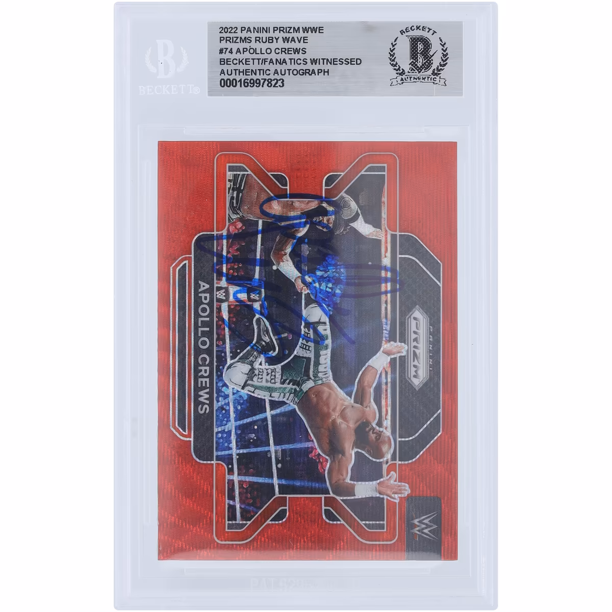 Apollo Crews WWE Autographed 2022 Panini Prizm Ruby Wave Prizm #74 Beckett Fanatics Witnessed Authenticated Card
