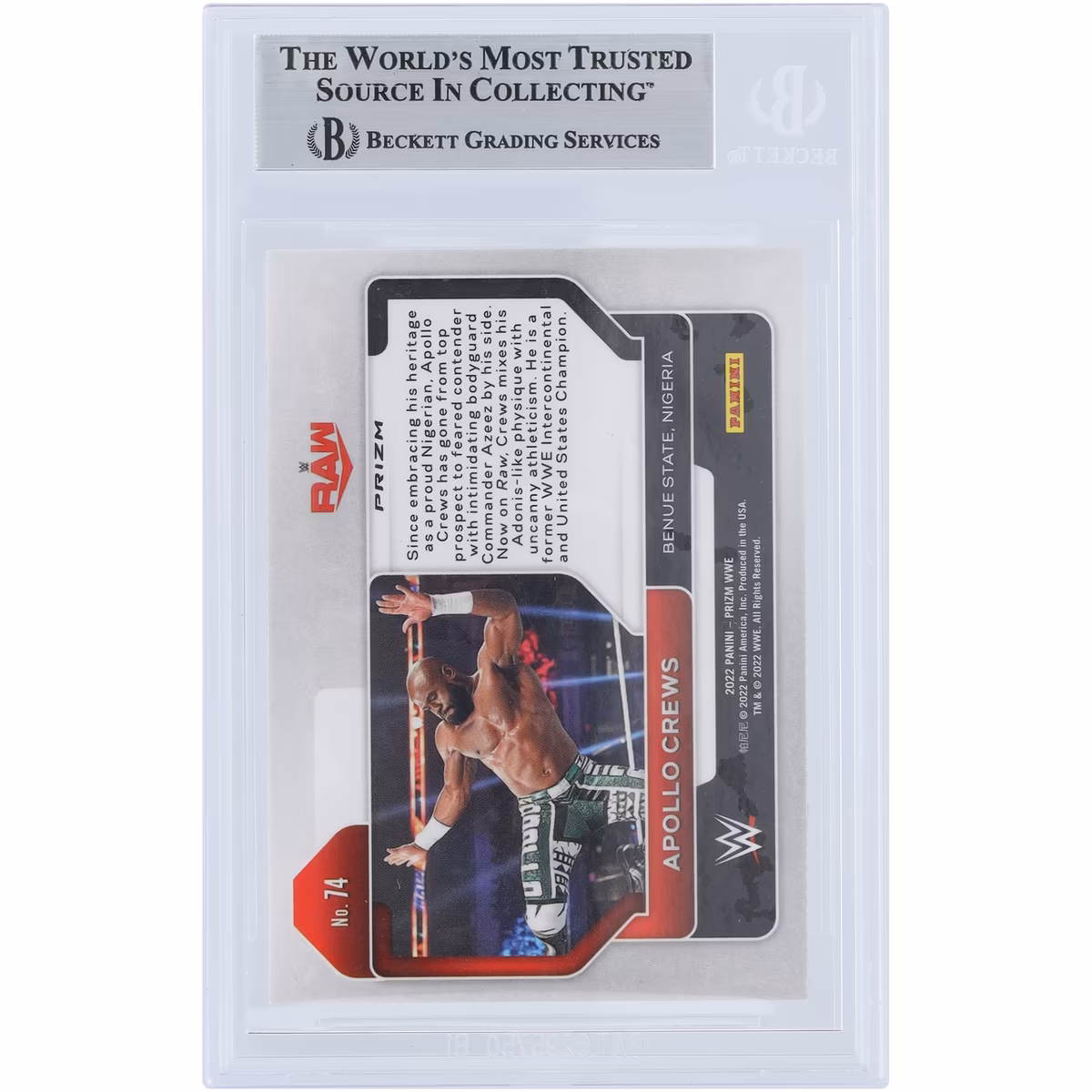 Apollo Crews WWE Autographed 2022 Panini Prizm Ruby Wave Prizm #74 Beckett Fanatics Witnessed Authenticated Card 3 Apollo Crews WWE Autographed 2022 Panini Prizm Ruby Wave Prizm #74 Beckett Fanatics Witnessed Authenticated Card