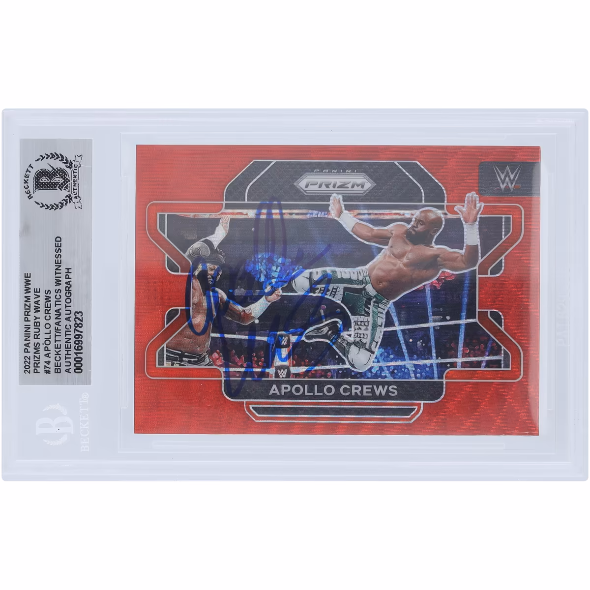 Apollo Crews WWE Autographed 2022 Panini Prizm Ruby Wave Prizm #74 Beckett Fanatics Witnessed Authenticated Card 4 Apollo Crews WWE Autographed 2022 Panini Prizm Ruby Wave Prizm #74 Beckett Fanatics Witnessed Authenticated Card