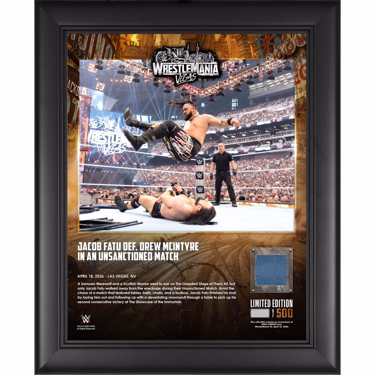 Jacob Fatu WWE Framed 13" x 16" WrestleMania 42 Night 1 Collage with a Piece of Match-Used Canvas - Limited Edition of 500