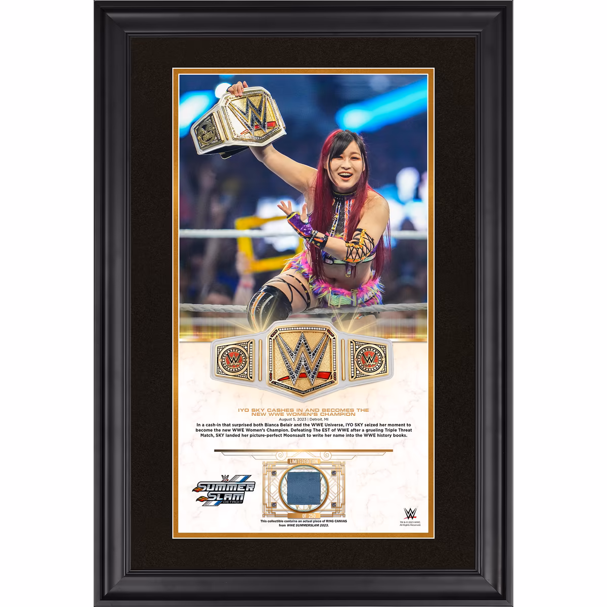 IYO SKY WWE Framed Golden Moments 10" x 18" 2023 SummerSlam Collage with a Piece of Match-Used Canvas - Limited Edition of 250 8 IYO SKY WWE Framed Golden Moments 10" x 18" 2023 SummerSlam Collage with a Piece of Match-Used Canvas - Limited Edition of 250