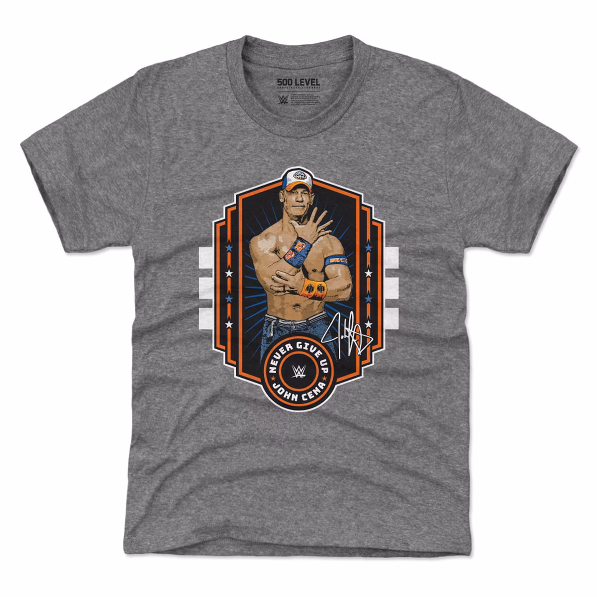 Youth 500 Level  Heather Gray John Cena Never Give Up Emblem T-Shirt