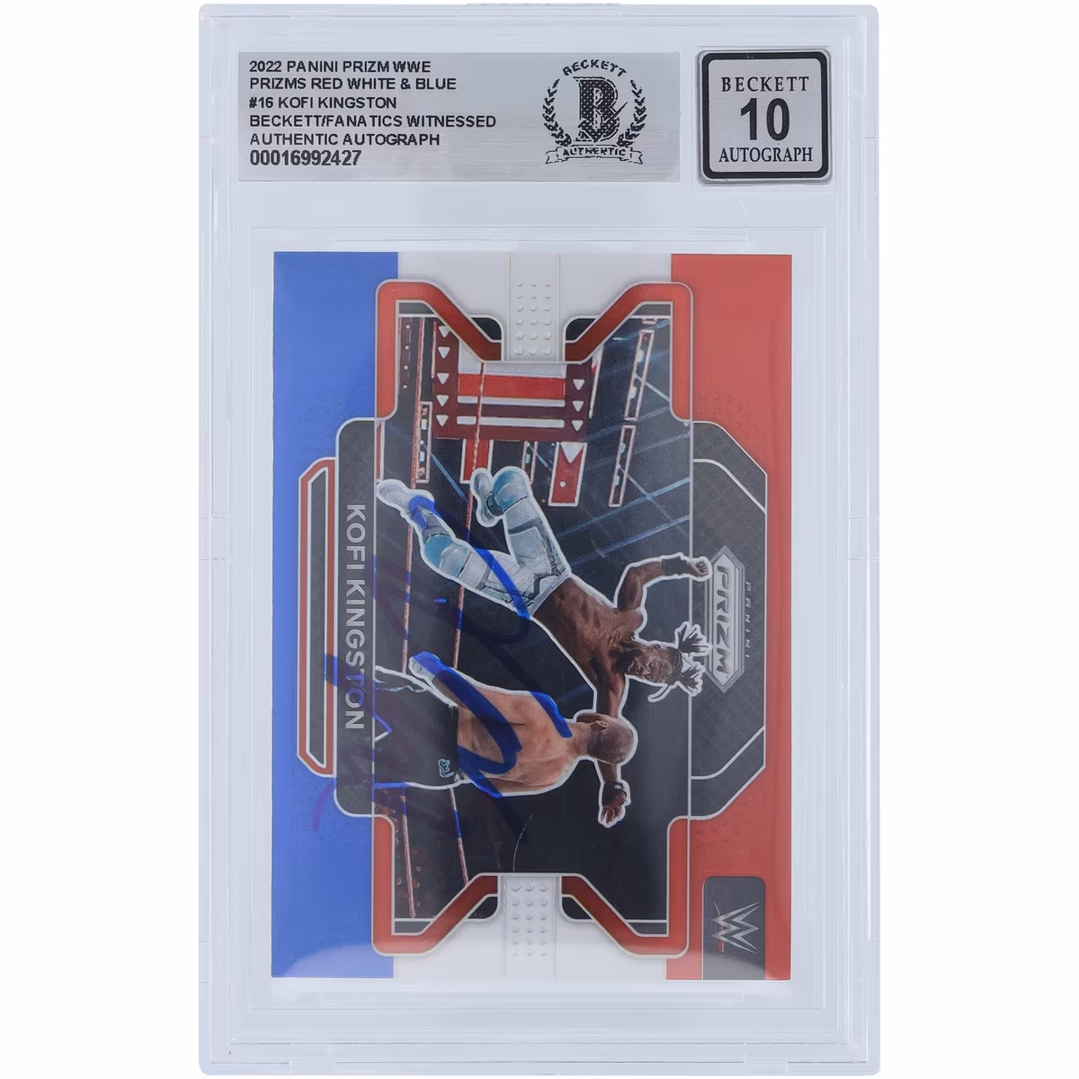 Kofi Kingston WWE Autographed 2022 Panini Prizm Red White & Blue Prizm #16 Beckett Fanatics Witnessed Authenticated 10 Card