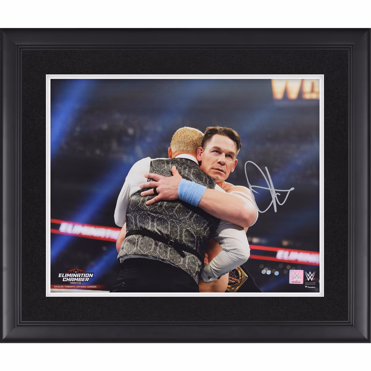 John Cena WWE Autographed Framed 16" x 20" Elimination Chamber Hugging Cody Rhodes Photograph 1 John Cena WWE Autographed Framed 16" x 20" Elimination Chamber Hugging Cody Rhodes Photograph