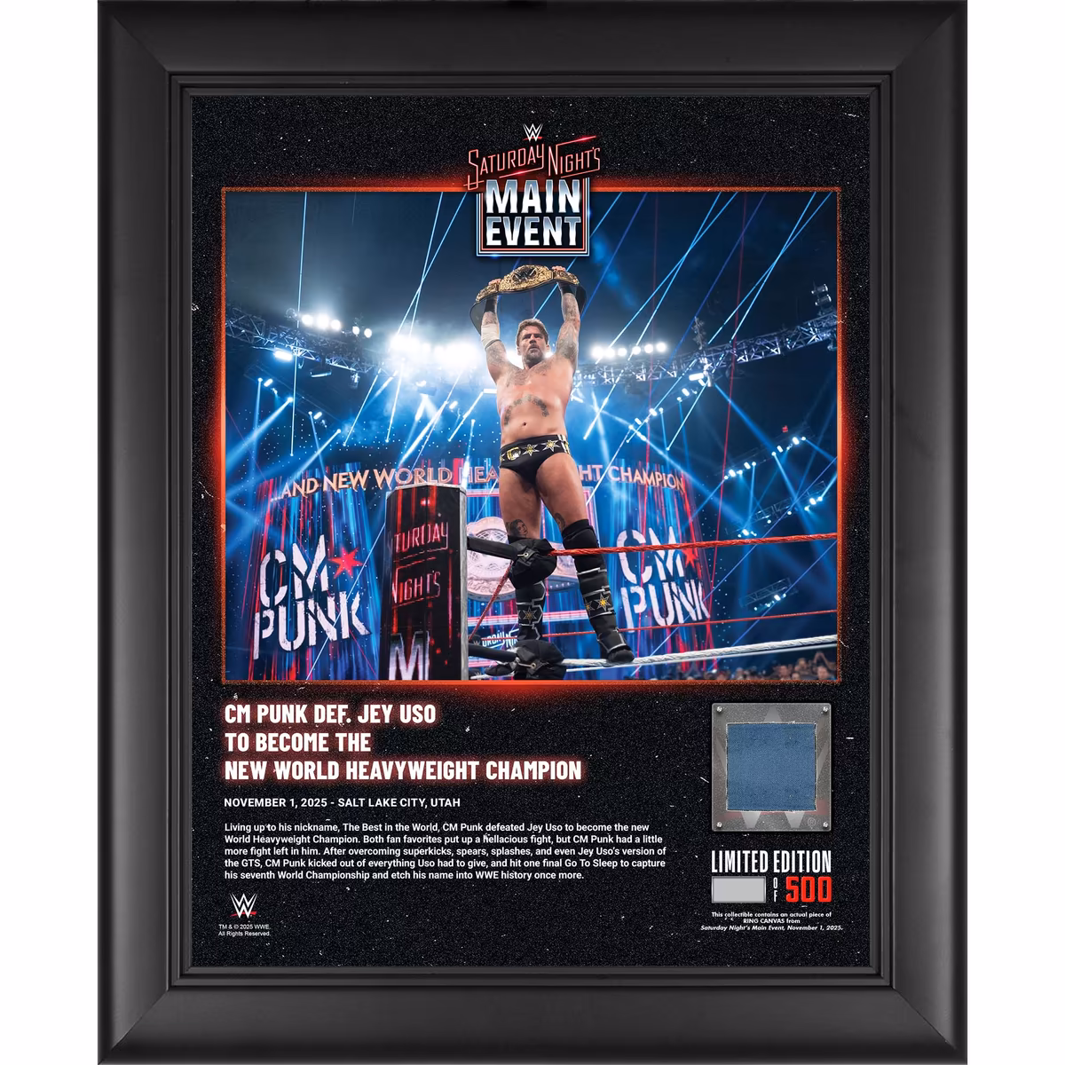 CM Punk WWE Framed 13" x 16" Saturday Night's Main Event November 1, 2025 Collage with a Piece of Match-Used Canvas - Limited Edition of 500 2 CM Punk WWE Framed 13" x 16" Saturday Night's Main Event November 1, 2025 Collage with a Piece of Match-Used Canvas - Limited Edition of 500